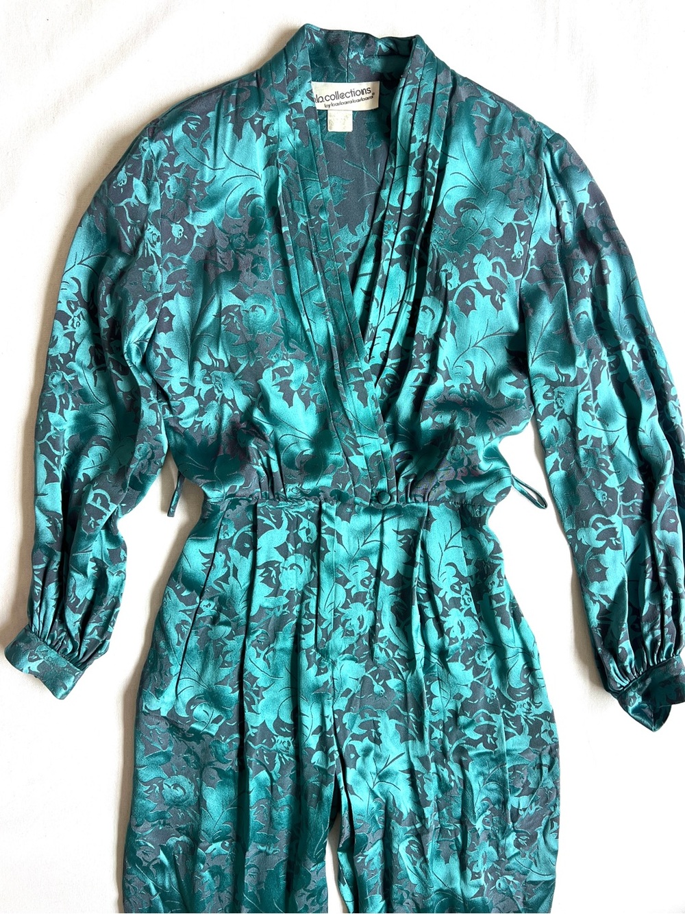 70s silk satin evening jumpsuit draped v teal blue floral Glam Evening Resort